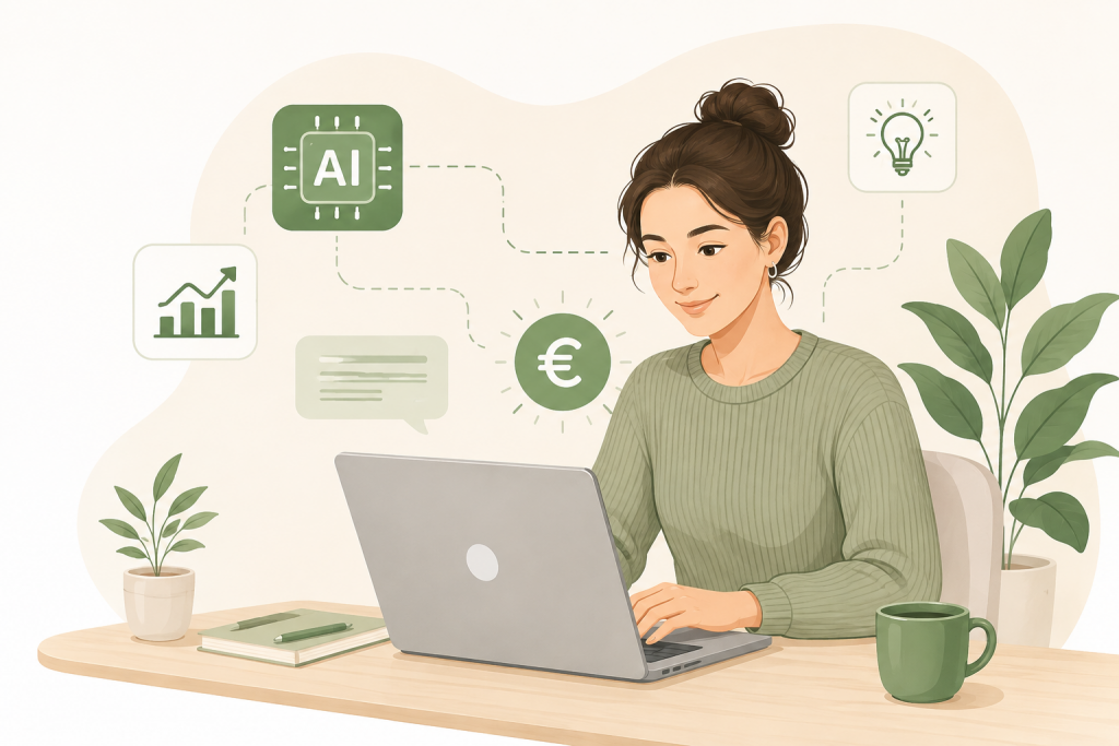 Frau arbeitet am Laptop mit KI-Tools und digitalen Inhalten